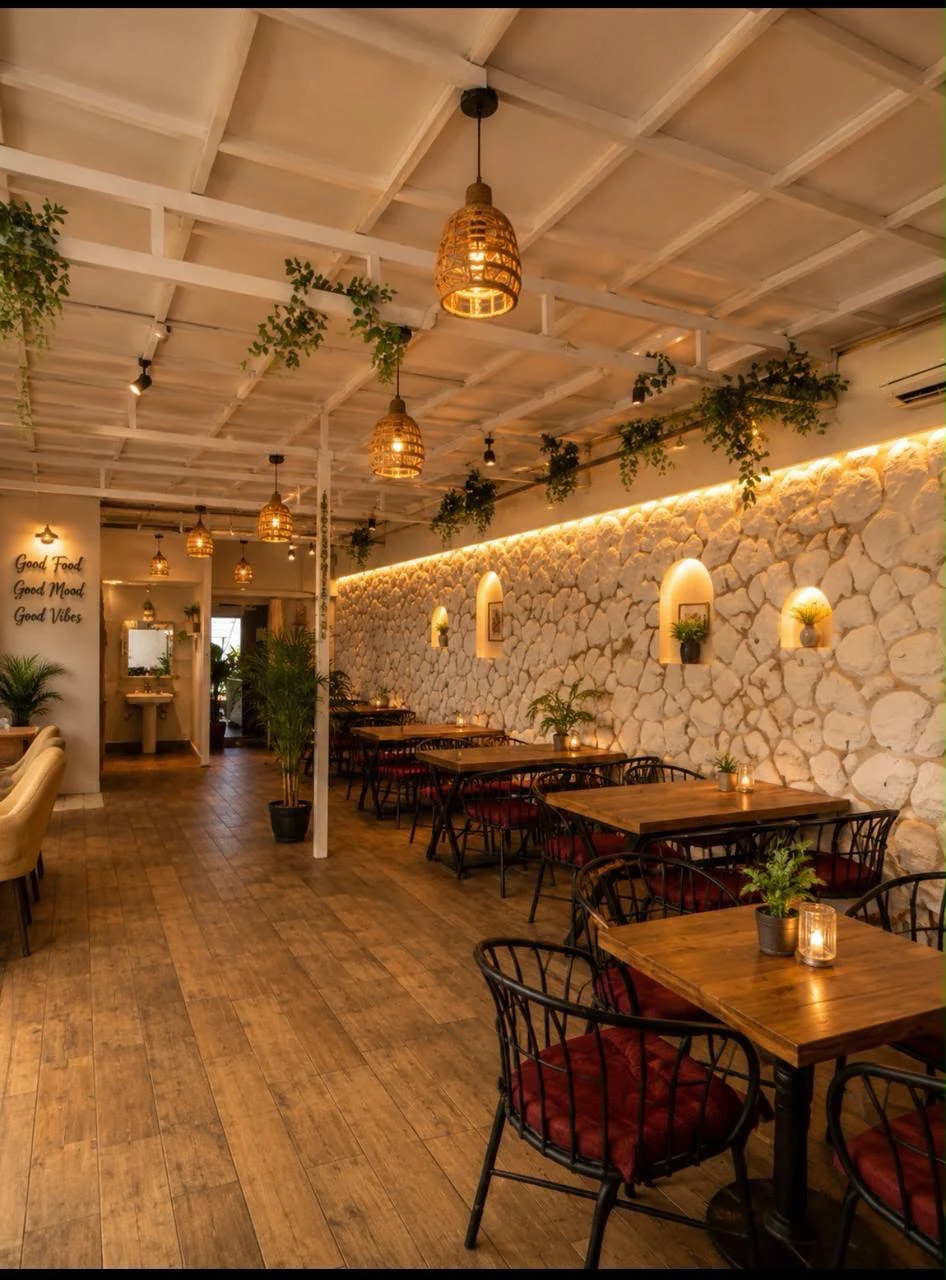 Amantra Hills restaurant with warm pendant lights, stone walls and dining tables